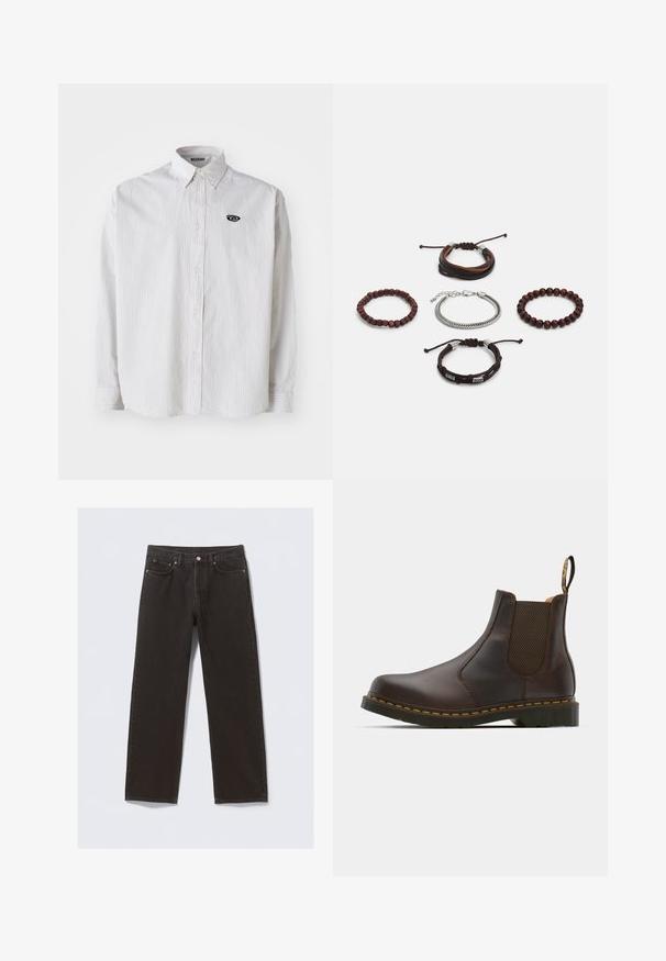 Valge pika varrukaga särk, millel on õhukesed hallid vertikaalsed triibud. Iseloomulikud on nööpidega krae ja väike must logo vasakul rinnal.; Mustmustelged teksased otse jalgade kujundusega, viie taskuga ja vaskvärvi õmblustega. Sujuv tekstuur, klassikaline nööbiga kinnitamine vööl.; Pruun nahkne Chelsea saabas elastsete külgpaneelide, tekstureeritud kontsaga ja kontrastse kollase tikandiga. Omab tõmbeasendit, mis võimaldab mugavat selga panemist.; Viie käevõru komplekt, mis sisaldab pruuni nahka, puidust helmeid ja hõbedast ketti; erinevad tekstuurid ja kujundid, reguleeritavad sulgurid.