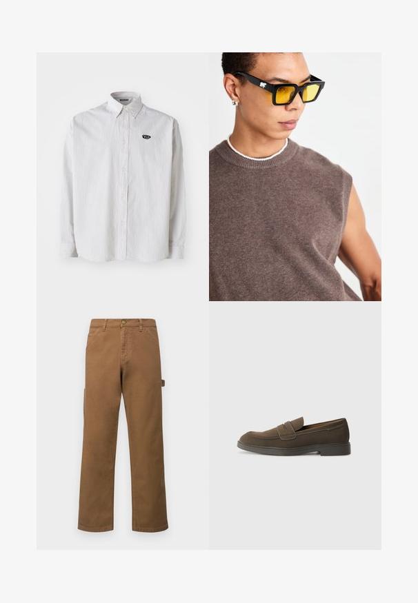 Hvid langærmet skjorte med tynde grå lodrette striber. Har en button-down krave og et lille sort logo på venstre bryst.; Brune bomulds cargo bukser med lige ben, der har sidelommer og en metal lukning i taljen. Glat tekstur og afslappet design.; Brune ruskinds loafers med en rund tå, en rem over forfoden og en flad gummisål. Enkel design med rene linjer og minimal dekoration.; Sorte rektangulære solbriller med gule linser, iført med en brun ærmeløs striktrøje. Accentueret med et hvidt bjørne-logo på rammen.; Sæt af fem armbånd medbrunt læder, træperler og en sølvkæde; varierede teksturer og former med justerbare lukkemekanismer.
