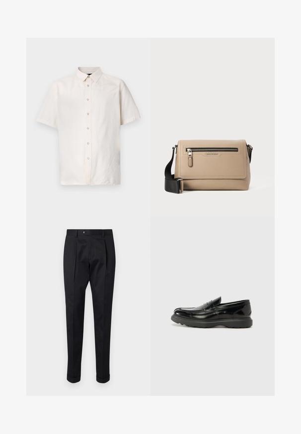 Chemise à manches courtes en tissu beige clair, dotée d'un devant boutonné, d'un col modeste et de détails de couture simples sur les côtés.; Pantalons noirs en tissu lisse, avec un pli à l'avant, une fermeture à bouton et des ourlets roulés à la cheville.; Mocassin en cuir noir avec une finition brillante, bout arrondi, détails de couture subtils et semelle en caoutchouc épaisse pour la durabilité.; Sac bandoulière en cuir beige avec une finition texturée, comprenant une poche zippée à l'avant et une sangle noire réglable. Logo affiché à l'avant.