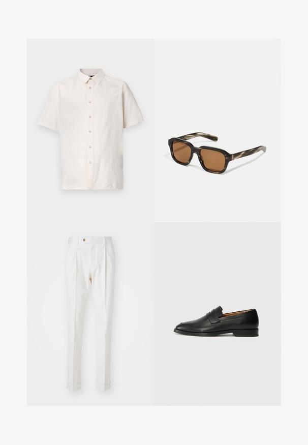 Korte mouw shirt in lichtbeige stof, met een knoopsluiting aan de voorkant, een bescheiden kraag en eenvoudige stikdetails langs de zijkanten.; Witte, op maat gemaakte broeken met een platte voorkant, twee plooien en omgeslagen pijpen. Gemaakt van een gladde stof met een knoopsluiting in de taille.; Zwarte leren instapper met een ronde neus, subtiele stikdetails en een lage hak, met een gladde textuur en een minimalistisch ontwerp.; Plastic zonnebril met een schildpadpatroon, octagonale bruine lenzen en dunne gouden hardwareaccenten op het frame.