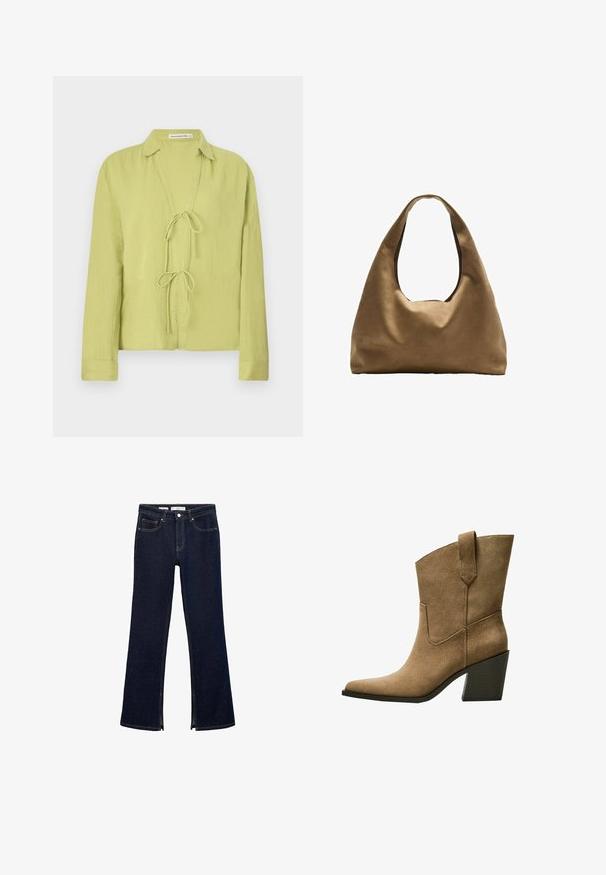 Svijetlozelena, dugih rukava košulja napravljena od naborane tkanine. Ima prednji dio bez dugmadi sa vezanjem i dizajn s ovratnikom.; Tamno plave traperice s proširenim nogavicama imaju visok struk, bočne zatvarače, prednje džepove i kontrastne šavove za dodatnu definiciju.; Smešane smeđe suede kaubojke s šiljastim prstom, prikazujući srednju debljinu blok peta i jednostavno šivanje duž bočnih šava.; Smeđa platnena torba za rame s širokim, zaobljenim tijelom i velikim izrezanim drškom. Mekana tekstura, minimalistički dizajn i bez vidljivog hardvera.