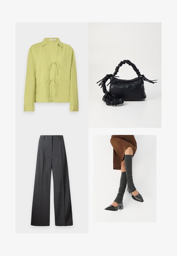 Lys grønn, langermet skjorte laget av krøllet stoff. Har en front uten knapper med knytelukking og krage.; Vide bukser i mørkegrått stoff med høy livlinje, enkel press, og en glatt tekstur med en ren finish på ermekantene.; Sorte lakkpumps med spiss tå, blokkhel, og ankelstropp, kombinert med grå ribbestrikkede beinvarmere og et brunt semsket skinn skjørt.; Svart faux skinn-håndveske med krokodilletekstur, strammet topp og en rynket stropp. Ser myk og kompakt ut i designen.