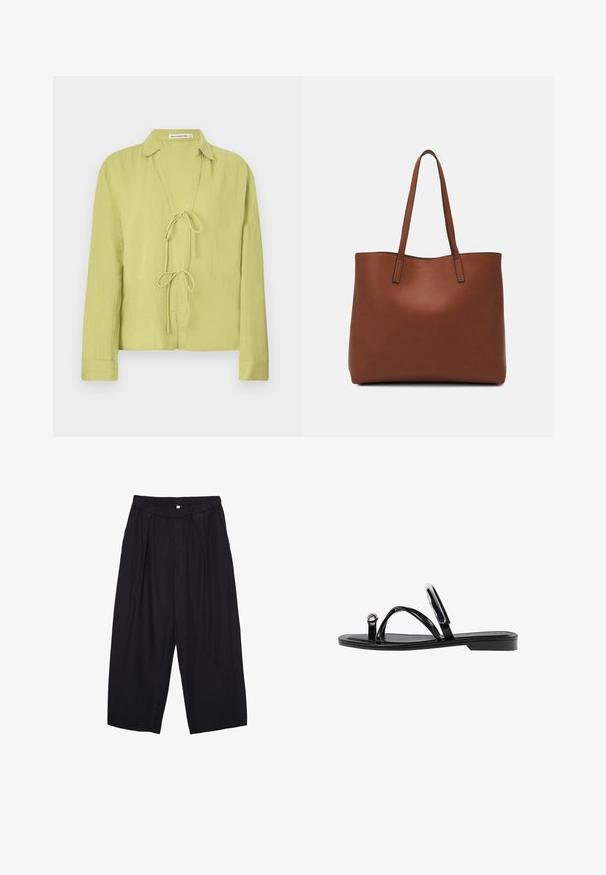 Lys grøn, langærmet skjorte lavet af krøllet stof. Har en front uden knapper med en bindebåndslukning og en krave.; Sorte polyester culotte bukser med elastisk talje, to forpiber og en løs silhuet. Ingen synlige mønstre eller hardware detaljer.; Sorte flade sandaler med en blank finish, tre tynde stropper og en cirkulær hardwaredetalje ved tæerne. Slankt design med en minimal hæl.; Brun læder tote taske med en glat overflade, åben topdesign og to skulderremme. Har minimal syning og ingen synlig hardware.