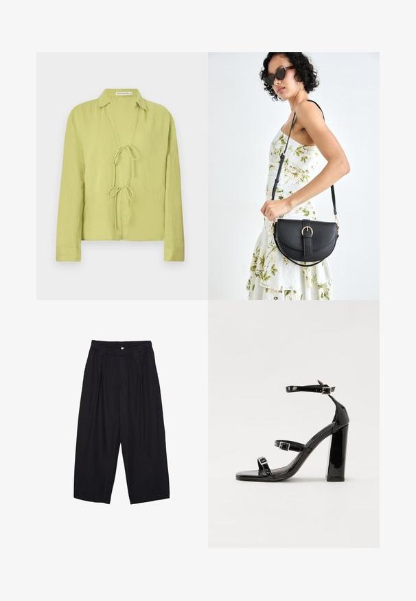 Světle zelená košile s dlouhými rukávy vyrobená z mačkané látky. Má přední stranu bez knoflíků s vázacím uzávěrem a límečkový design.; Černé polyesterové culotte kalhoty s elastickým pasem, dvěma předními sklady a volným siluetou. Žádné viditelné vzory ani kovové detaily.; Černé lakované sandály na podpatku se čtveratou špičkou, lýtkovými pásky a stříbrnými přezkami. Disponují masivním blokovým podpatkem pro stabilitu.; Černá kožená kabelka s křivkovým tvarem, odnímatelným popruhem a zlatými detaily. Kabelka má klopu s přezkou.
