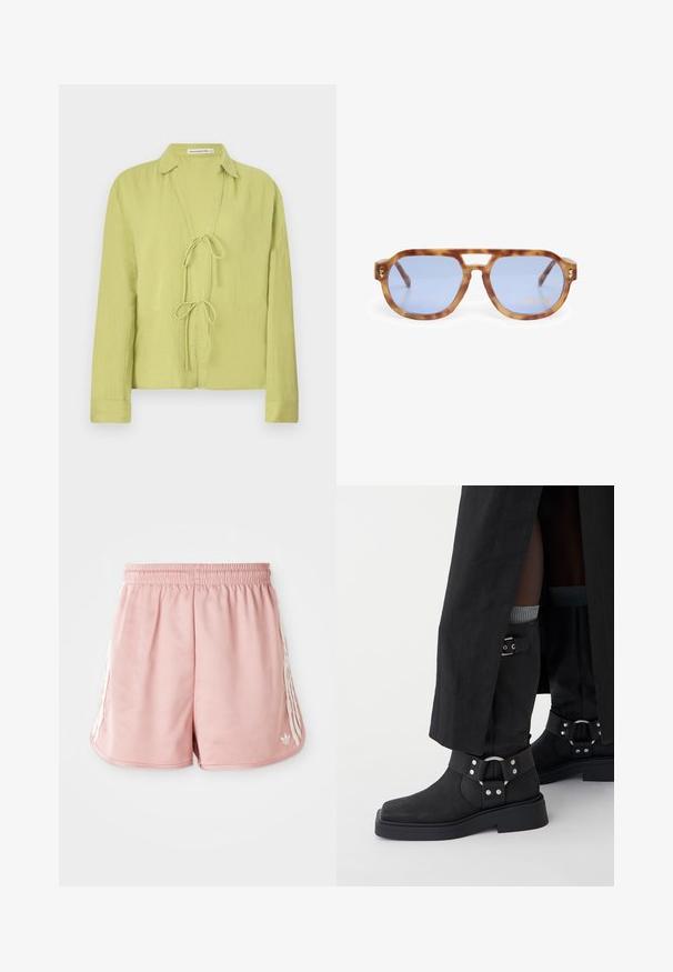 Lys grøn, langærmet skjorte lavet af krøllet stof. Har en front uden knapper med en bindebåndslukning og en krave.; Lyserøde atletiske shorts med elastisk talje, hvid stribe detaljering på siden og et lille logo på den nederste venstre forside. Glat stofstruktur.; Sorte ankelstøvler lavet af læder med en mat overflade, firkantet tå og dekorative spænder. Sålen er chunky og struktureret.; Skildpadde-solbriller med blå linser, vinkelret design, tykk ramme og næsebryggeudskæring; har guldaccent på stængerne.; Sort stofpose med en enkelt, bred skulderrem. Blød, semi-struktureret form og glat tekstur; minimalistisk design uden synligt hardware.