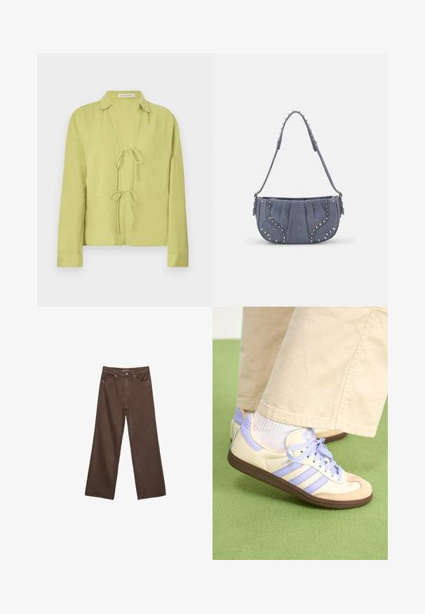 Jasnozielona, długa koszula z długimi rękawami, wykonana z pomarszczonego materiału. Posiada przód bez guzików z zapięciem na sznurek oraz kołnierzyk.; Szerokie brązowe dżinsy wykonane z denimu, z wysokim stanem, przednimi kieszeniami i klasycznym zapięciem na guzik. Gładka faktura z subtelnym przeszyciem.; Kremowe i lawendowe trampki z trzema paskami oraz teksturowaną brązową podeszwą, wyposażone w sznurówki i wyścieloną piętę. Górna część z miękkiego materiału.; Dżinsowa torba na ramię z plisowanym designem, niebieska, z srebrnymi ćwiekami wzdłuż krawędzi i teksturowanym paskiem.