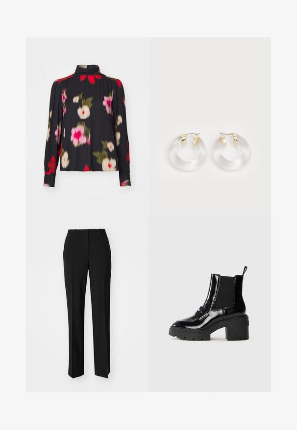 Blusa nera con collo alto, maniche lunghe e motivo floreale nei colori rosa, bianco e verde. Tessuto morbido e polsini aderenti.; Pantaloni neri su misura con un design a gamba dritta, caratterizzati da una texture liscia e pieghe ben definite sul davanti. Senza hardware visibile.; Stivale alla caviglia in vernice nera con tacco spesso, pannelli laterali elasticizzati, fascia decorativa e cuciture a contrasto. Texture liscia con una finitura lucida.; Orecchini ad anello in acrilico trasparente con dettagli in metallo dorato e finitura lucida. Caratterizzati da un design circolare e liscio.