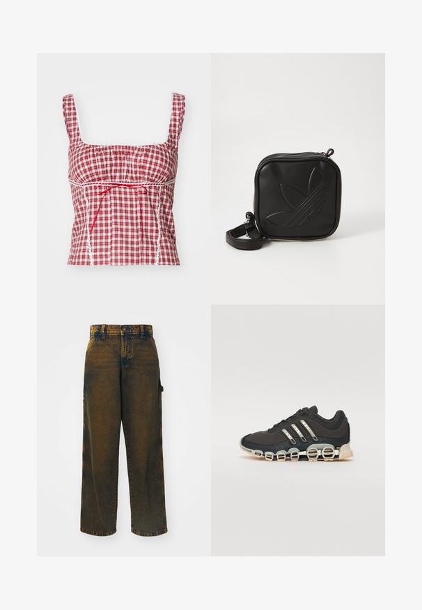 Rot-weiß kariertes Stoffoberteil mit quadratischem Ausschnitt, gerafftem Design, verstellbarem roten Bindeband und weißen Spitzenakzenten entlang der Kanten.; Weite Jeans aus Denim, in einer verblassten dunkelbraunen Farbe mit helleren Akzenten, klassischem Fünf-Taschen-Design und Knopfverschluss.; Schwarzer Sportschuh mit einer strukturierten Oberseite, drei silbernen Streifen und einer markanten Dämpfungssohle mit mehreren integrierten Sektionen.; Schwarze Umhängetasche aus strukturiertem synthetischem Material. Verfügt über ein eingeprägtes Logodesign und einen verstellbaren Riemen. Mit Reißverschluss geschlossen.