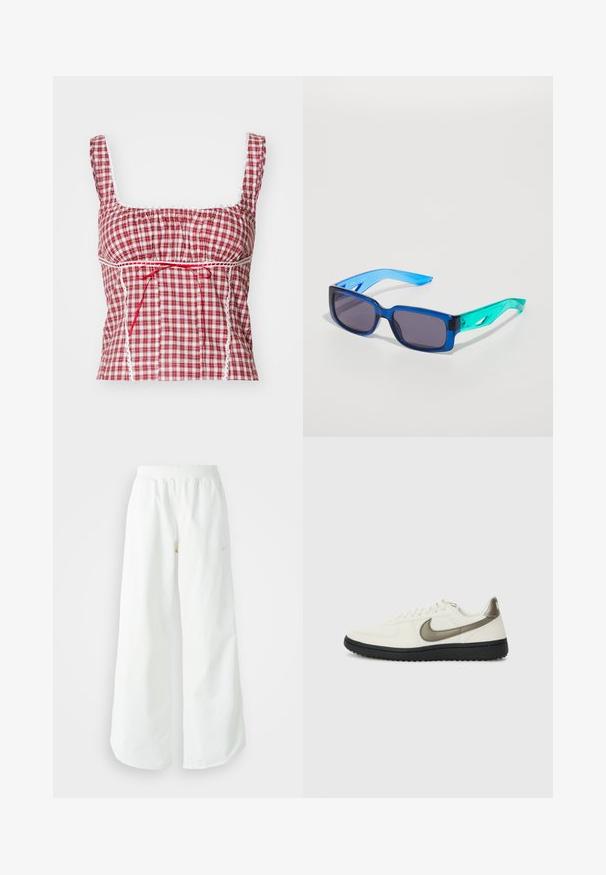 Punane ja valge ruuduline riie, millel on ruudukujuline kaelus, volditud disain, reguleeritav punane pael ja valgete pitsaktsentidega ääred.; Valged laiad spordipüksid, ribadega vöökoht ja diskreetne logosümbol. Sile kangas, lõdvestatud istuvus ja kitsenev ääreosa.; Nike Sportswear FIELD GENERAL - Tossud - off-white/black; Sinine ja roheline prillid, millel on ristkülikukujulised läätsed; läbipaistvad raamid; tekstureeritud sinised käepidemed; tumedad läätsed; silmapaistev bränding küljel.