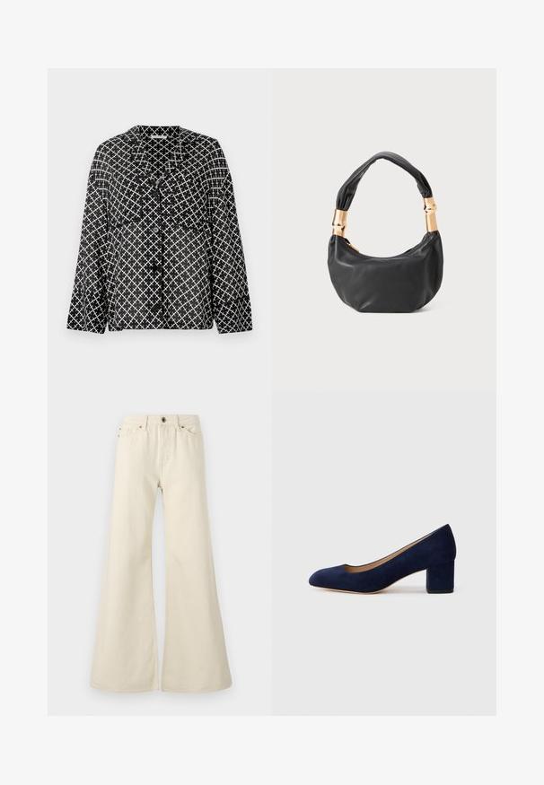 Crna i bijela košulja s uzorkom, s ovratnikom, prednjim džepovima i gumbima. Sadrži geometrijski križasti uzorak na laganom materijalu.; Svijetlosmeđi traper hlače se širim nogavicama, izrađene od pamuka. Imaju visoki struk, pet džepova i kopčanje na dugme s kontrastnim detaljima šavova.; Tamno plava suede salonka s šiljastim vrhom i blok petom srednje visine. Glatka tekstura s blagim sjajem i malim izrezom sprijeda.; Crna kožna torba s okruglim oblikom, mekim teksturom i čvorastom ručkom s zlatnim metalnim detaljima. Zatvaranje na patentni zatvarač.