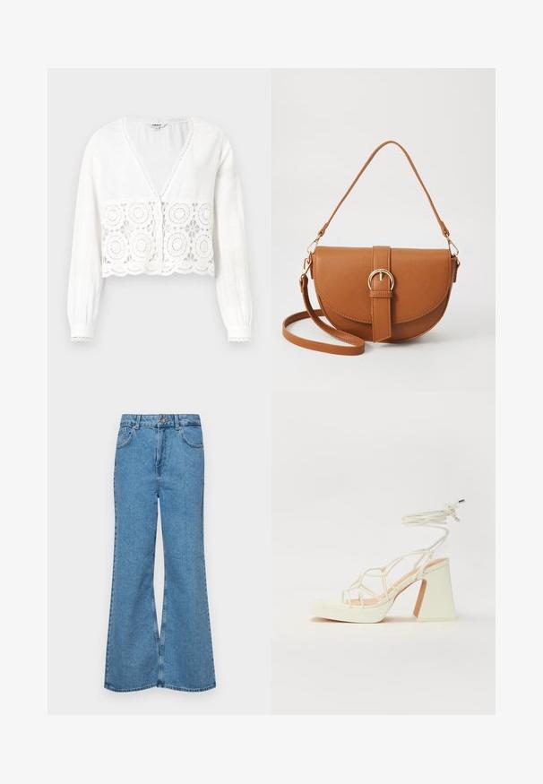 Valge lühendatud pluus, millega on pikad varrukad, V-kujuline kaelus ja pitsiline lillemuster hemperas, lainiliste servade ja nööpide detailidega.; Heledad sinine flared teksade rõivad, millel on kõrge talje, viis taskut ja üks nupulukk. Pehme tekstuur ja pleekinud viimistlus.; Valged kõrge kontsaga sandaalid, millel on paks konts ja rihmadega disain koos pahkluu sidumisega. Sile tekstuur ja platvorm ees, et lisada kõrgust.; Pruun nahast õlakott, millel on kumer kuju, kullavärvi riistvara ja pandlaga kaunistus. Omab eemaldatavat õlarihma.