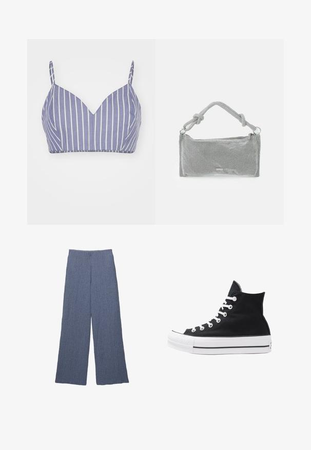 Bralet dalam warna ungu muda dari kapas dengan garis vertikal putih, menampilkan desain V-neck dan tali tipis yang dapat disesuaikan. Tekstur halus, bentuk pas.; Siniset teksturoidut leveälahkeiset housut, joissa on uritettu muotoilu, korkea vyötärö ja väljät leikkaukset, sopivat rentoon pukeutumiseseen.; Korkean ylösulkeutuvan mustan kankaan lenkkitossun, jossa on valkoiset rei'itykset, nauhat ja kumipohja. Sisältää teksturoituneen kärkitilan ja musta-valkoiset raidat.; Hopeinen verkkomallinen käsilaukku, jossa on solmittu kahva, suorakaiteen muotoinen, teksturoitu pinta ja vetoketjusuljenta. Yksinkertainen, moderni muotoilu, jossa on minimaaliset koristeet.