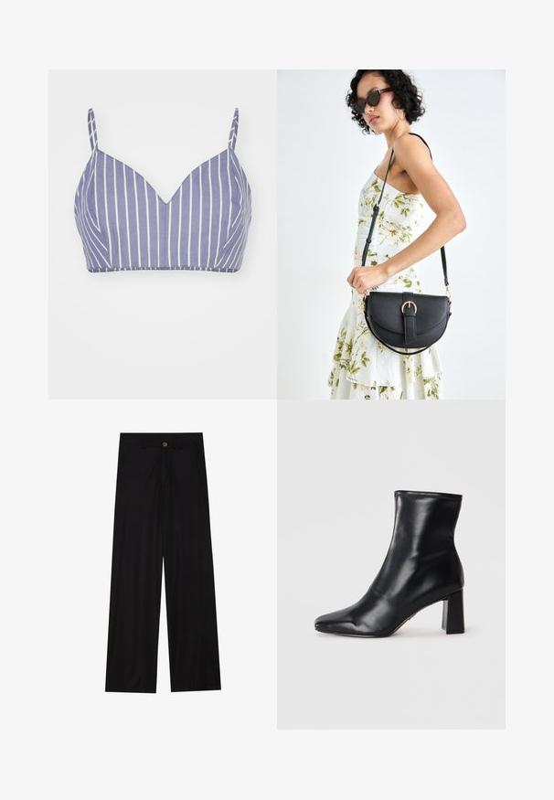 Šviesiai violetinis medvilninis braletė su vertikaliomis baltomis juostelėmis, su V formos iškirpte ir plonais reguliuojamais petnešomis. Lygus tekstūros, prigludusi forma.; Plati juodos kelnės, pagamintos iš lygaus audinio, su priekinėmis kišenėmis ir mygtuko užsegimu liemenyje. Minimalistinis dizainas be raštų.; Juodas odinis kulkšninis botas su smailiu pirštu ir struktūrizuotu blokiniu kulnu. Lygus paviršius su išskirtiniu, minimalizmo stiliumi.; Juodas odinis krepšys su išlenkta forma, nuimamu dirželiu ir auksiniais detalėmis. Krepšys turi kilpą su sagtimi.