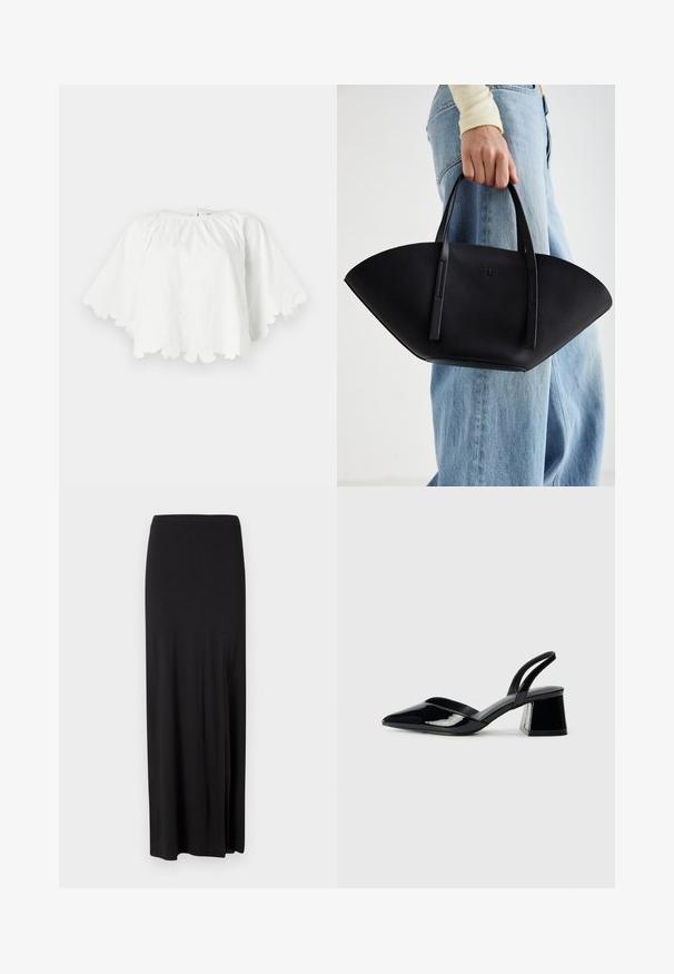 Top din bumbac alb cu decolteu rotund și mâneci scurte, evazate. Marginea zimțată are broderie florală, creând un design texturat.; Fustă maxi neagră, fabricată dintr-un material moale și elastic. Dispune de o fanta pe lateral și un design simplu, fluid, fără embellishments.; Pantofi cu toc slingback din piele lacuită neagră, cu vârf ascuțit și toc geometric. Prezintă un design elegant, minimalist și o textură netedă.; Geantă de piele neagră cu o formă unică de evantai, având mânere plate. Suprafața are o textură cu mici granule și un design minimalist.