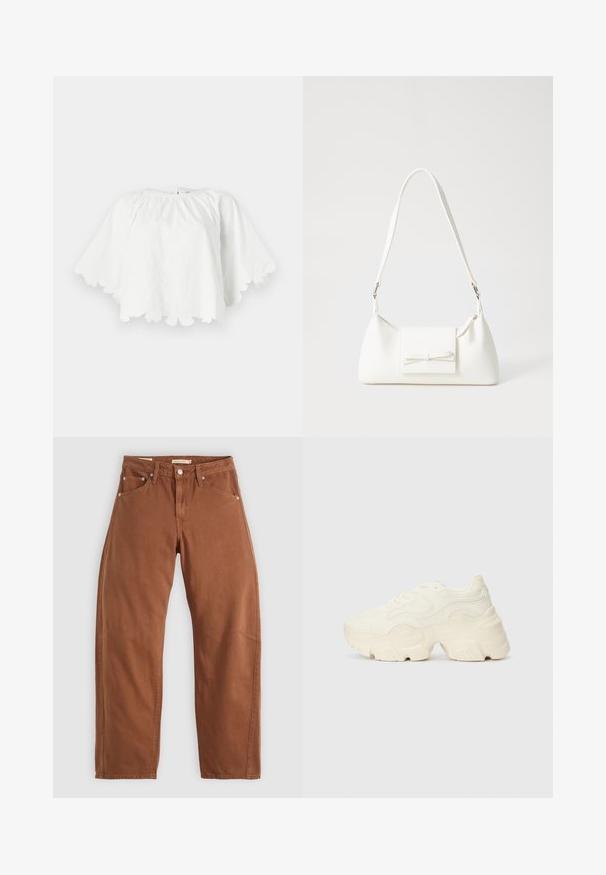 Top de algodón blanco con un escote redondo y mangas cortas acampanadas. El dobladillo festoneado presenta bordados florales, creando un diseño texturizado.; Jeans rectos color marrón óxido con bolsillos frontales y traseros, remaches de metal, cierre de botón y trabillas para el cinturón, colocados sobre un fondo blanco.; Zapatillas blancas gruesas hechas de malla texturizada y materiales sintéticos, con una suela gruesa y detalles de patrones intrincados a lo largo de los lados.; Bolso sintético blanco con forma triangular, tapa frontal plana y detalle de lazo, correa ajustable, textura suave y diseño minimalista.