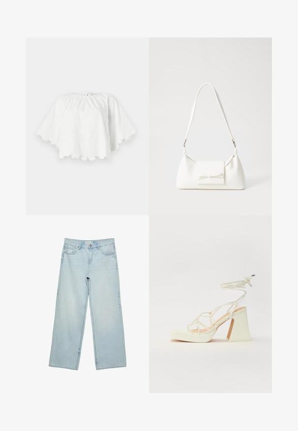 Bijela pamučna majica s okruglim izrezom i kratkim, lepršavim rukavima. Irezani rub sadrži cvjetnu vez, stvarajući teksturirani uzorak.; Svijetloplave široke traperice s visokim strukom, s pet džepova i suptilnim izblijeđenjem. Ravnog kroja s obrubljenim rubovima.; Bijela sandala na visokoj potpetici s debelim petom, s remenom i vezanjem oko gležnja. Glatka tekstura s platformom sprijeda za dodatnu visinu.; Bijela sintetička torbica s trokutastim oblikom, ravnim prednjim poklopcem i detaljem u obliku mašne, podesivom remenom, glatkom teksturom i minimalističkim dizajnom.