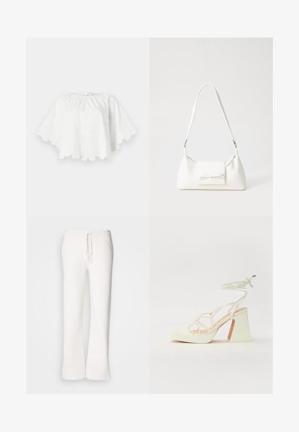 Valkoinen puuvillapaita, jossa on pyöreä pääntie ja lyhyet, hieman levenevät hihat. Hieman aaltoileva helma sisältää kukkakirjontaa, joka luo tekstuurisen kuvion.; Valkoiset, rento-fittiset collegehousut pehmeästä kankaasta, jossa on joustava vyötärönauha ja nyöri sekä suora lahjemuoto.; Valkoinen korkokenkä, jossa on paksu korko, ja joka sisältää nauhakiinnityksen ja nilkkaketjun. Sujuva pinta, jossa on platform-etupohja lisäkorkeutta varten.; Valkoinen synteettinen käsilaukku, jossa on kolmikulmainen muoto, tasainen etu läppä ja nauhadetail, säädettävä olkahihna, sileä rakenne ja minimalinen muotoilu.