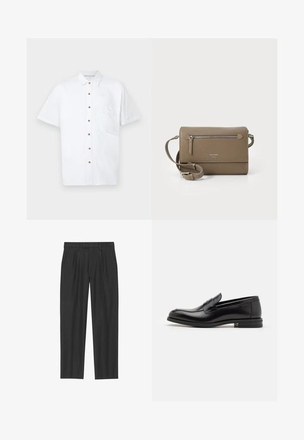 Valkoinen lyhythihainen liinapaita, jossa on nappisuljenta edessä, rintatasku ja puunappiakkesit.; Mustat pleated-housut, jotka on valmistettu sileästä kankaasta; niissä on vyötärö, jossa on vyölenkit, ja suora lahkeensuukko. Minimalistinen muotoilu ilman kuvioita.; Mustat nahkakengät, joissa on sileä pinta, pyöreä kärki ja koristeellinen nauha jalkapöydän yli. Matala pinoitu koroke, minimalistinen muotoilu.; Harmaa nahkainen olkalaukku, jossa on vetoketjulla varustettu etutasku, säädettävä hihna, kivi- tai rosoinen pinta ja kohokuvioitu logo edessä.