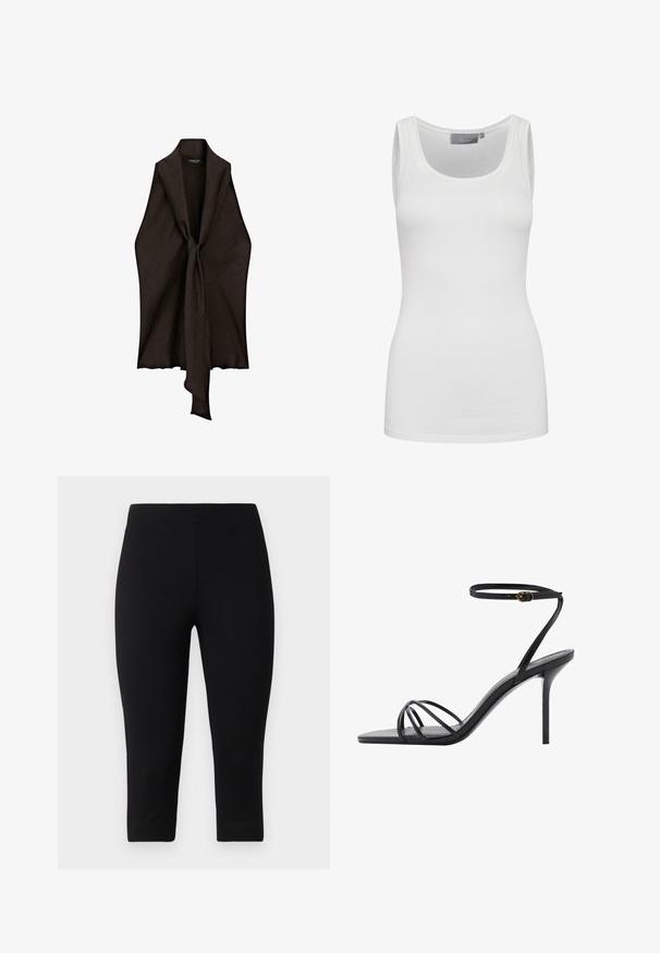 Bruine, lichte kleding met een open voorkant en knoopdetail in het midden. Gemaakt van textuurstof, heeft het een vloeiende, gedrapeerde vorm.; Witte tanktop van zacht, elastisch materiaal met een ronde halslijn en smalle schouderbanden. Kenmerken zijn een gladde textuur en een aansluitend ontwerp.; Zwarte capri leggings gemaakt van rekbaar materiaal, met een aansluitende pasvorm en een gladde textuur, zonder opvallende patronen of accenten.; Zwarte hoge hak sandaal met een dunne enkelband, meerdere kruislings bandjes over de voet en een elegant vierkant teenontwerp.