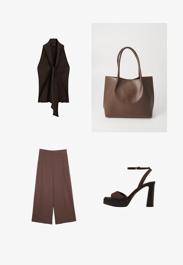 Leichtes, braunes Kleidungsstück mit offenem Front und Knotendetail in der Mitte. Hergestellt aus strukturiertem Stoff, hat es eine fließende, drapierte Form.; Braune Weite-Leg-Hosen mit einer glatten Textur, hoher Taille und Vorderfalten. Der Stoff ist leicht und fällt locker.; Braune Wildleder-Pumps mit offenem Zeh, verstellbarem Knöchelriemen und gestreiftem Plateausohlen.; Braune Leder-Tote mit zwei langen Tragriemen, strukturiertem Shape, glatter Textur und minimalistischem Design. Keine sichtbaren Beschläge oder Akzente.