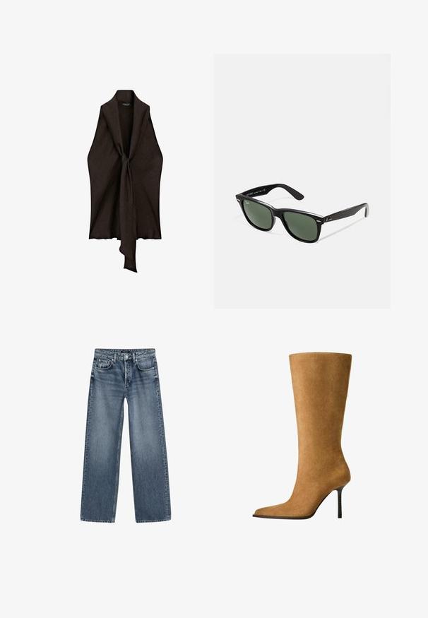 Brązowy, lekki strój z otwartym przodem i węzłem na środku. Wykonany z teksturowanej tkaniny, ma płynny, luźny kształt.; Jeansy o wysokim stanie i szerokich nogawkach w średnim niebieskim denimu z wyblakłym wykończeniem, z pięcioma kieszeniami i zapięciem na guzik w kolorze srebrnym.; Kozaki do kolan z zamszu w kolorze camelowym, z ostrym noskiem i cienkim, wysokim obcasem. Gładka textura i smukła sylwetka z minimalnymi detalami.; Czarne plastikowe okulary przeciwsłoneczne z zielonymi szkłami, kwadratowe oprawki, srebrny akcent na brwi oraz fakturowane ramiona temple. Nazwa marki podana na wewnętrznej stronie ramion.