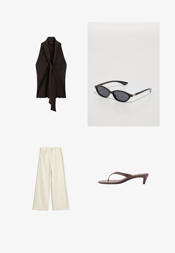 Brun, lättviktig plagg med öppen framsida och knutdetalj i mitten. Tillverkad av texturerat tyg, har den en flödande, draperad form.; Ljus crèmefärgade vida jeans med metallnitar längs de yttre sömmarna, fem fickor och en standard knappgylf.; Bruna klackflip-flopsandaler med en smal rem och rund tåpost, med en liten guldaccent på fotbädden.; Svarta solglasögon med ovala linser, mörk gradienttoning och smala skalmar med subtila guldaccenter. Slät plastfinish.; Beige mockaskväska med rund form, med tre hopdragna fickor på framsidan och ett justerbart axelband.