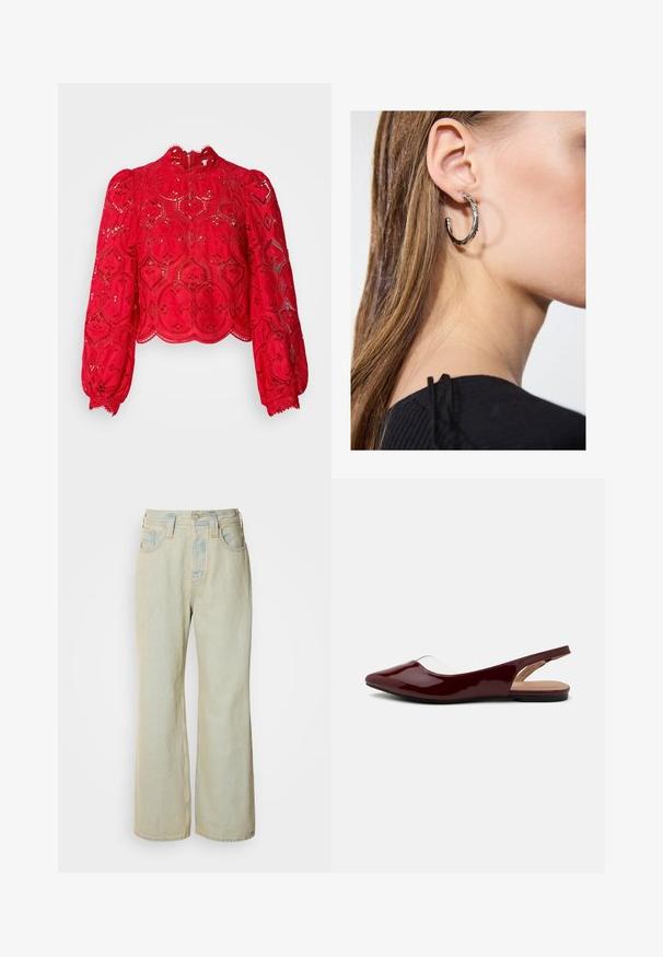 Sarkans mežģīņu crop top ar garām pūkainām piedurknēm, sarežģītu sešstūrainu rakstu, viļņotu apakšmalu un augstu kakla izgriezumu, kas aprīkots ar aizmugurējo rāvējslēdzēju.; Gaiši zili platā kāja džinsi, kas izgatavoti no denima, ar augstu jostasvietu, piecām kabatām un maigu izbalēšanu ar kontrastējošām šuvēm.; Burgundijas laku siksniņu plakanās kurpes ar norādītu purngalu, caurspīdīgu izgriezumu un plakanu melnu zoli. Gluda tekstūra, minimālisma dizains.; Sudraba auskars ar pulētu apdari, ar maziem zelta akcentiem un apaļu formu, uz ausu ļipiņas.