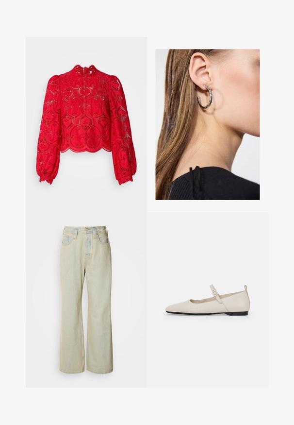 Punainen pitsinen lyhythihainen crop-top, jossa on pitkät puff-hihat, monimutkainen kuusikulmainen kuvio, aallotettu helma ja korkeapäinen kaulus, jossa on takana vetoketjusulku.; Vaaleansiniset leveät farkut, joissa on korkea vyötärö, viisi taskua ja hienovarainen haalistuminen kontrastivärisin tikkauksin.; Valkoiset nahka-Mary Jane -flatot, joissa on terävä kärki, sivunappi ja matala musta korko. Sujuva rakenne ja minimalismi.; Hopea renkaankorvakoru kiiltävällä pinnalla, jossa on pieniä kultaisia yksityiskohtia ja pyöreä muoto, käytetty korvalla.