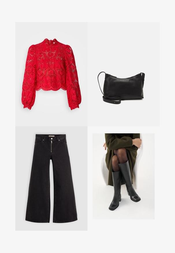 Top corto in pizzo rosso con maniche a sbuffo lunghe, motivo esagonale intricato, orlo ondulato e collo alto con chiusura a zip sul retro.; Jeans a gamba larga in denim nero con chiusura a zip, design a cinque tasche e dettagli di cucitura sottili. Texture morbida e stile casual.; Stivali neri in pelle alti fino al ginocchio con punta squadrata e tacco a blocco, mostrati con un modello seduto in un cappotto verde oliva. Texture liscia, dettagli minimi.; Borsa a spalla in pelle nera con una texture liscia, forma curva, tracolla regolabile e chiusura con zip. Design minimalista senza ornamenti.
