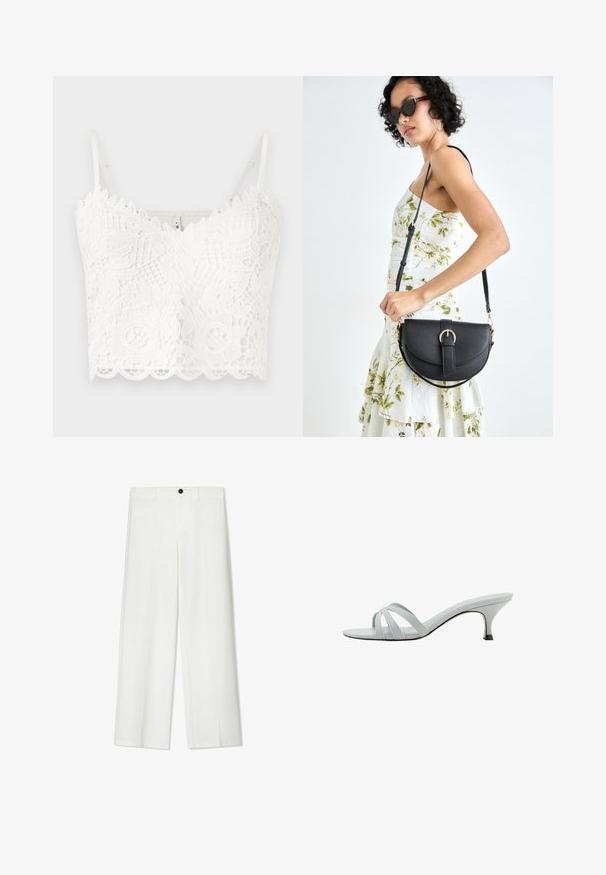 Bralette bianco in pizzo con delicati motivi floreali, bordi frastagliati e spalline regolabili. Tessuto morbido con dettagli intricati in tutta la superficie.; Pantaloni bianchi a gamba larga con una texture liscia, dotati di chiusura anteriore con bottone e passanti per cintura, progettati per una vestibilità comoda.; Sandali con tacco di colore grigio chiaro, dotati di tre cinturini incrociati, una silhouette sottile e un tacco affusolato. Texture liscia con una finitura leggermente lucida.; Borsa a tracolla nera in pelle con una forma curva, manico rimovibile e accessori dorati. La borsa presenta una patta con un dettaglio a fibbia.