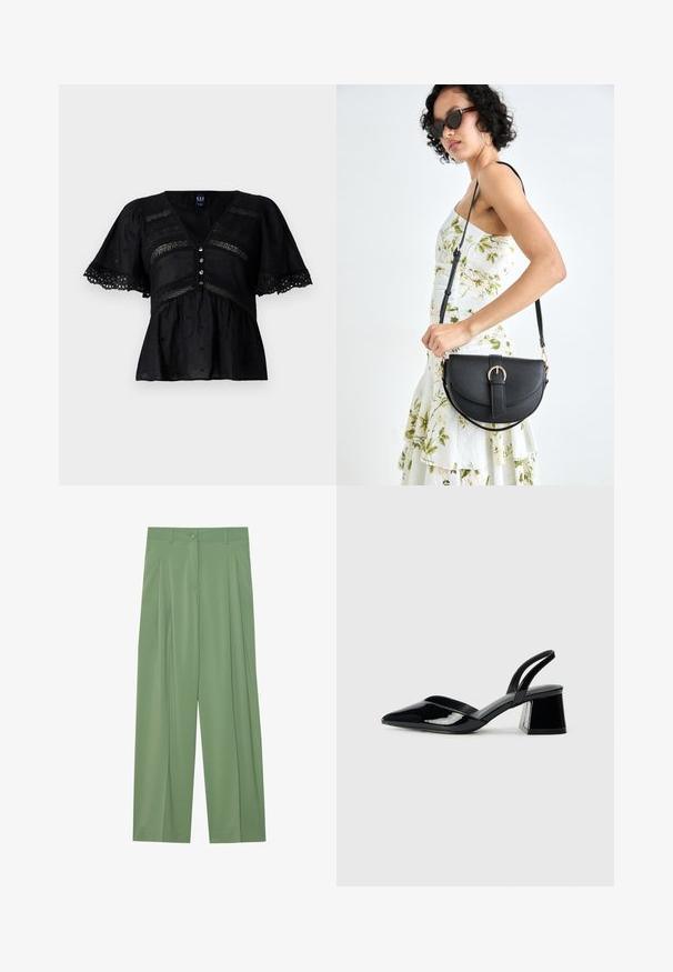 Blusa preta com mangas curtas e ligeiramente evasées, apresentando um decote em V, acabamento decorativo em ilhós e fecho com cinco botões. Têxtil texturizado com padrões subtis.; Calças largas verdes feitas de tecido suave. Apresentam pregas na frente, um fecho de botão único e passantes para cinto.; Sandy em verniz preto com salto slingback, ponta afilada e salto geométrico. Apresenta um design elegante e minimalista com textura suave.; Bolsa de couro preta com forma curva, alça destacável e detalhes em dourado. A bolsa possui uma aba com detalhe de fivela.