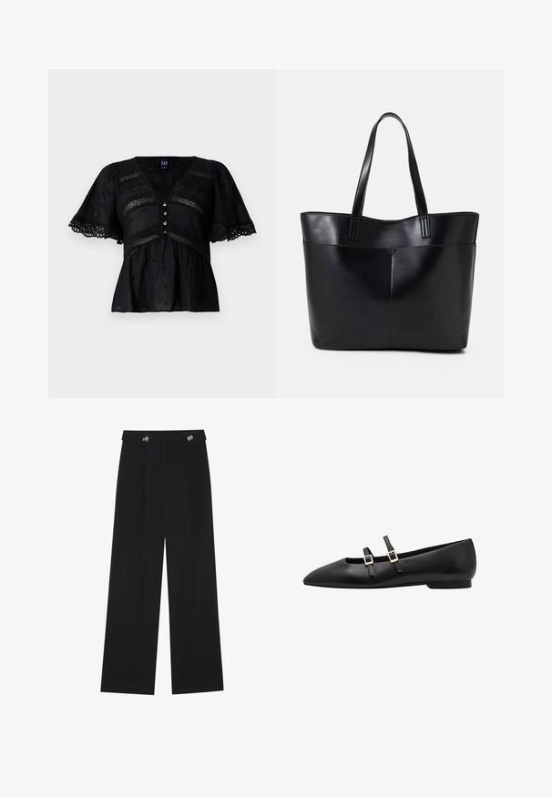 Svart bluse med korte, utsvingte ermer, har V-hals, dekorativ øyelet trim og fem-knapps lukking. Strukturert stoff med subtile mønstre.; Svart vide bukser med høy midje, knappdetaljer på midjebåndet og frontplisser.; Sorte lær flate sko med spiss tå, som har to svarte stropper og gull firkantede spenner. Glatt tekstur og lavprofil såle.; Svart lær toteveske med to lange håndtak, en glatt tekstur og en strukturert form. Har en frontlomme for ekstra oppbevaring.