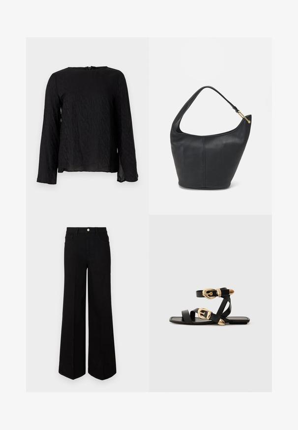 Black long-sleeve shirt featuring a textured design with repeated letters, round neckline, and a keyhole opening at the back.; Black wide-leg jeans made of sturdy fabric, featuring a high waist, front pockets, and a front button closure. Flat hem at the bottom.; Black leather sandals with gold buckle accents, featuring multiple straps and a flat sole design for open-toe wear.; Black leather handbag with a rounded shape, a wide strap, and a textured finish. Features a subtle seam detail and a gold-tone hardware accent.