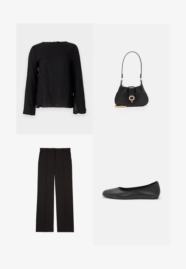 Čierna dlhá rukávová košeľa s textúrovaným dizajnom so zopakovanými písmenami, okrúhlym výstrihom a otvorom v tvare kľúča na zadnej strane.; Čierne oblekové nohavice z hladkej látky, s rovnými nohavicami a dvoma bočnými vreckami. Elegantná a minimalisticá konštrukcia.; Čierne kožené baleríny s okrúhlou špičkou, hladkým povrchom, minimálnym prešívaním a flexibilným dizajnom podrážky.; sandro JANET - Kabelka - noir