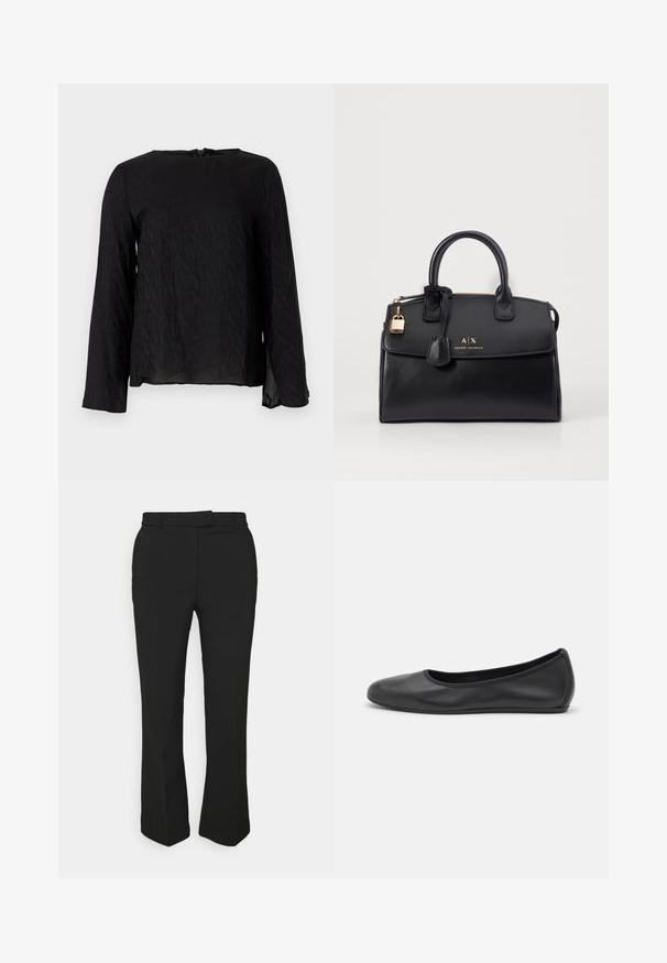 Črna majica z dolgimi rokavi, ki ima teksturiran dizajn s ponovljenimi črkami, okroglo ovratnico in odprtino v obliki ključavnice na hrbtni strani.; Črne krojene hlače s ravnim krojem, z nožicami za pas in stranskimi žepi. Narejene iz gladkega materiala z čistim zaključkom.; Črne usnjene balerinke z zaobljenim nosom, gladko teksturo, minimalnimi šivi in fleksibilno zasnovo podplata.; Črna usnjena torbica s strukturirano obliko, z zlatim okovjem in podrobnostjo v obliki ključavnice. Ima dvojne zgornje ročaje in reliefno blagovno znamko na sprednji strani.