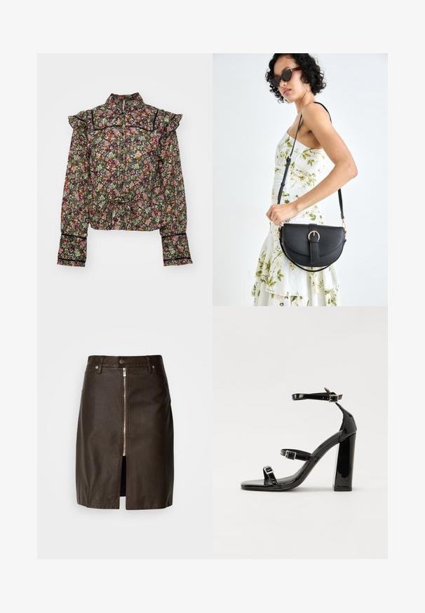 Floral blouse with a black background, featuring pink and green patterns. Ruffled shoulders, long sleeves, and a gathered waist detail.; Brown leather skirt with zip front closure, featuring a front slit. Smooth texture with visible stitching and metal accents.; Black patent heeled sandals with a square toe, ankle straps, and silver buckles. Features a chunky block heel for stability.; Black leather handbag with a curved shape, detachable strap, and gold hardware. The bag features a flap with a buckle detail.