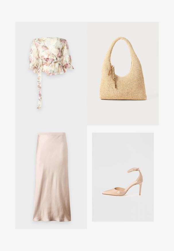 Floral wrap blouse in sheer, lightweight fabric. Features pastel rose patterns, long puff sleeves, and a tie belt at the waist.; Satin midi skirt in light beige, featuring a fitted waist, smooth texture, and a flared hem, with no visible embellishments or pockets.; Nude patent leather pointed-toe shoe with an ankle strap and a stiletto heel, featuring a smooth texture and minimalistic design.; Woven beige handbag with a curved handle, textured surface, and a brown tassel detail. Features a slouchy, hobo shape.