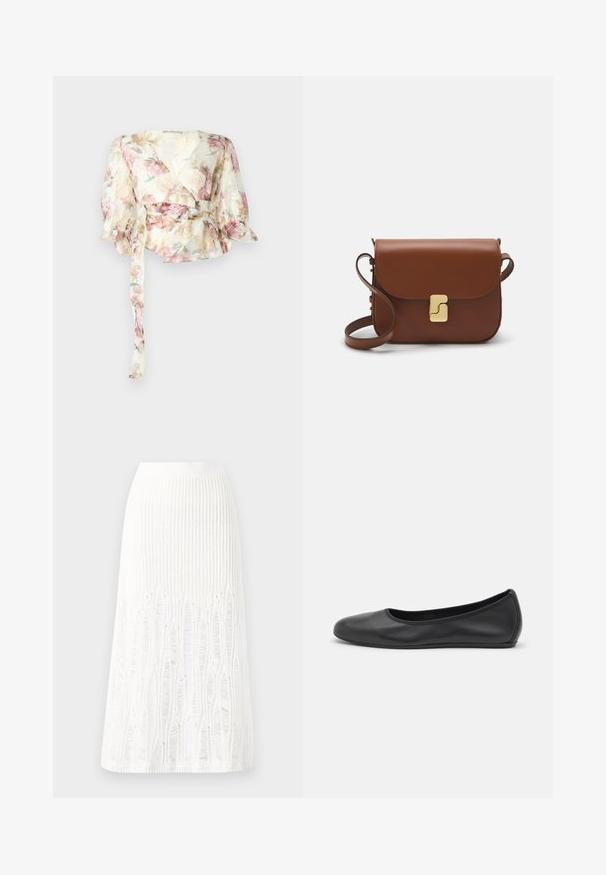 Cvjetna bluzica od prozirnog, laganog materijala. Ima pastelne uzorke ruža, duge rukave s nabranim detaljima i remen za vezanje u struku.; Pleteni bijeli midi suknja s teksturiranim uzorkom sa vertikalnim linijama i izrezanim detaljima blizu rubova. Elastična visoka struk. Mekani materijal.; Crne kožne baletanke s zaobljenim vrhom, glatke teksture, minimalnim detaljima šavova i fleksibilnim dizajnom potplata.; Smeđa kožna torba s preklopom, zlatnim detaljima, remenom za nošenje preko ramena i glatkom teksturom. Kompaktni pravokutni oblik.