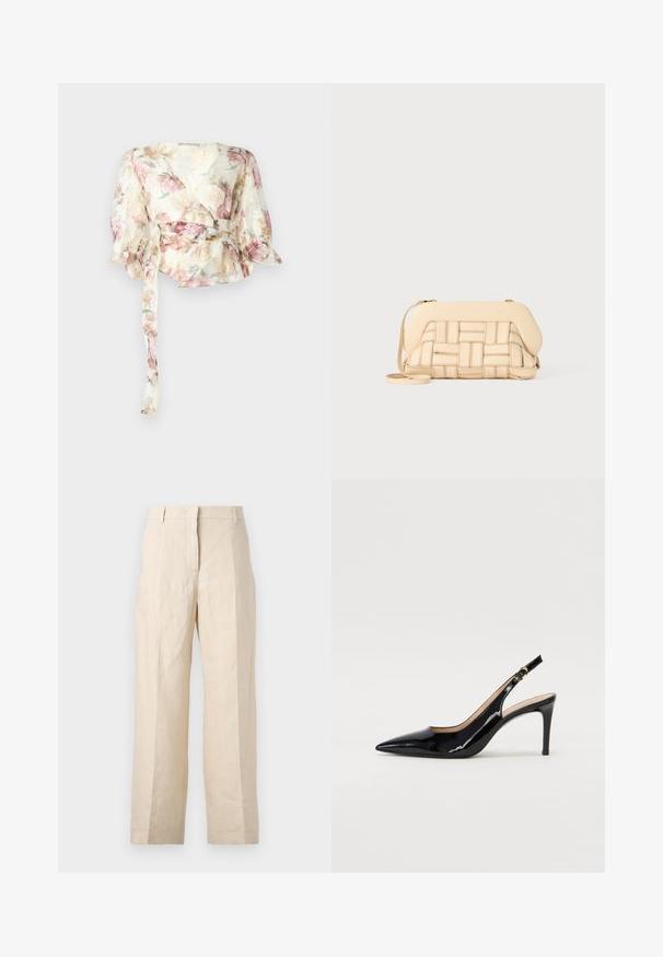 Floral wrap blouse in sheer, lightweight fabric. Features pastel rose patterns, long puff sleeves, and a tie belt at the waist.; Beige linen trousers with a loose fit, pleated front, and straight legs. Features a waistband with belt loops and no visible pockets.; Black patent leather slingback pump with pointed toe, slim heel, and a subtle cutout design. Features a gold buckle on the strap.; Woven beige handbag with a structured design, featuring a smooth top and a long strap. Textured detailing enhances the overall appearance.