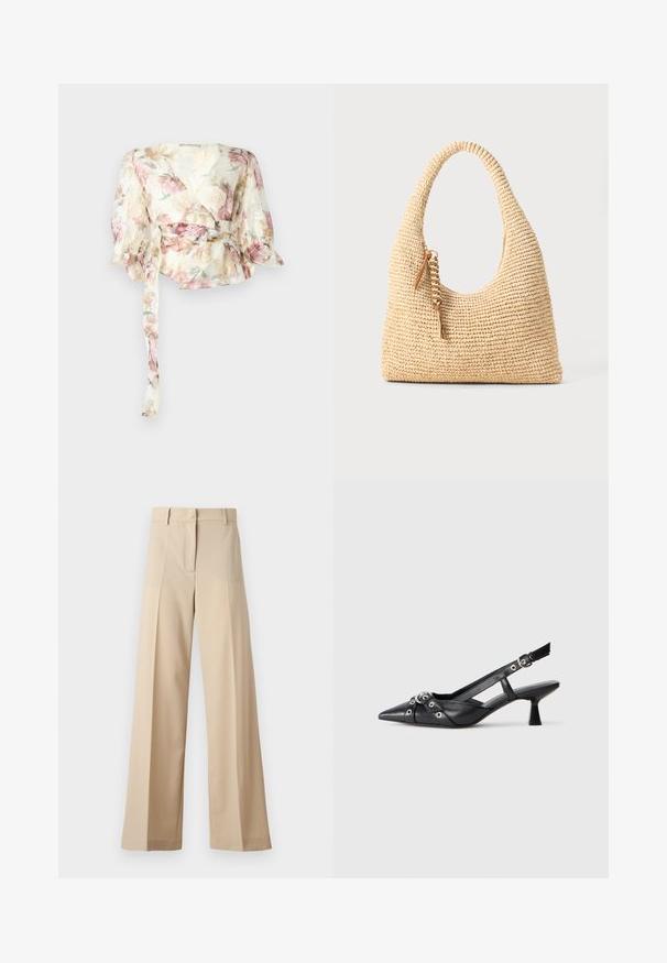 Blouse à manches longues en tissu transparent et léger avec un motif floral pastel. Présente des manches bouffantes et une ceinture à nouer à la taille.; Pantalons larges beiges en tissu lisse, avec un devant plat avec des plis, une fermeture éclair et des passants de ceinture. Coupe ajustée dans l'ensemble.; Chaussure slingback en cuir noir avec un bout pointu, des sangles décoratives avec œillets en métal et un petit talon carré. Surface texturée.; Sac à main tissé beige avec une anse incurvée, une surface texturée et un détail de pompon marron. Présente une forme slouchy de style hobo.