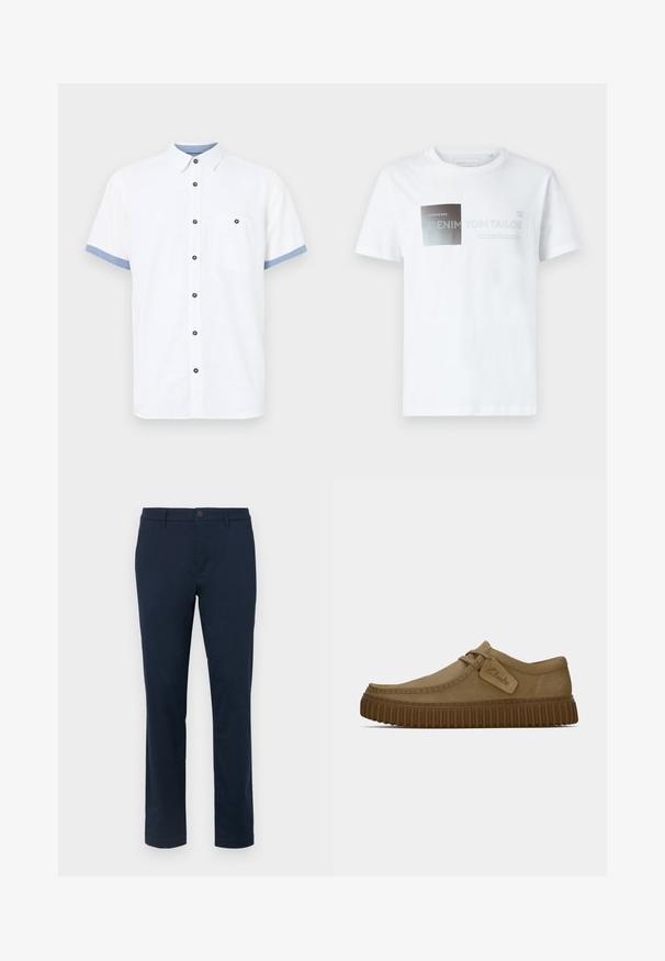 Balta marškinėliai trumpomis rankovėmis, medvilninė medžiaga, su mygtukais, mėlynos detalės ant rankovių, vienas krūtinės kišenė, penki tamsūs mygtukai.; Balta medvilnės marškinėliai trumpomis rankovėmis su juoda ir pilka grafika bei tekstu. Apvalus kaklo iškirpimas, laisvas siluetas, glotni tekstūra.; Tamsiai mėlyni chinos kelnių iš lygaus audinio. Tiesaus kirpimo dizainas su vienu mygtuko uždarymu ir diržo kilpelėmis. Be matomų raštų ar akcentų.; Šviesiai rudos zomšinės bateliai su apvaliu pirštu, siuvinėjimo detalėmis ir raguota ruda guma. Su šonine etikete su "Clarks" logotipu.