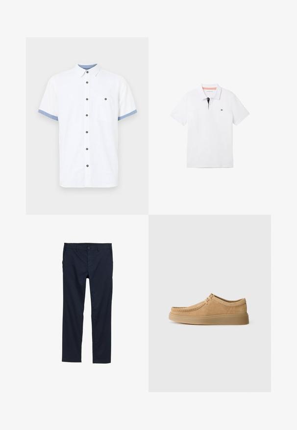 Kurzarm-Hemd aus weißem Baumwollstoff, mit Knopfleiste, blauen Akzenten an den Ärmeln, einer einzelnen Brusttasche und fünf dunklen Knöpfen.; Weißes Polohemd mit einem schwarzen Kragen und orangefarbener Einfassung, kurzen Ärmeln und einem kleinen Logo auf der Brust. Hergestellt aus atmungsaktivem Baumwollgemisch.; Marineblaue, leichte Hose mit glatter Textur, geradem Bein-Design, Knopfverschluss und Seitentaschen.; Wildlederschuhe mit Schnürung in hellbraun, runder Zehenform, gesteppten Details und flacher Gummisohle, die eine glatte Textur zeigen.