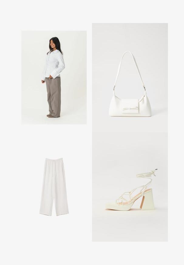 Bílá košile s knoflíky a dlouhými rukávy, s širokými manžetami, spárovaná s volnými, světle hnědými kalhotami. Hladký povrch tkaniny, bez viditelných vzorů.; Bílé široké kalhoty vyrobené z lehké tkaniny. Mají elastický pas se šňůrkou a boční kapsy. Hladká textura.; Bílé sandály na vysokém podpatku s robustním podpatkem, s designem s pásky a zavazováním kolem kotníku. Hladký povrch s platformou vpředu pro zvýšení výšky.; Bílá syntetická kabelka v trojúhelníkovém tvaru, s plochým předním klopným víkem a detailem mašle, nastavitelným popruhem, hladkým povrchem a minimalistickým designem.