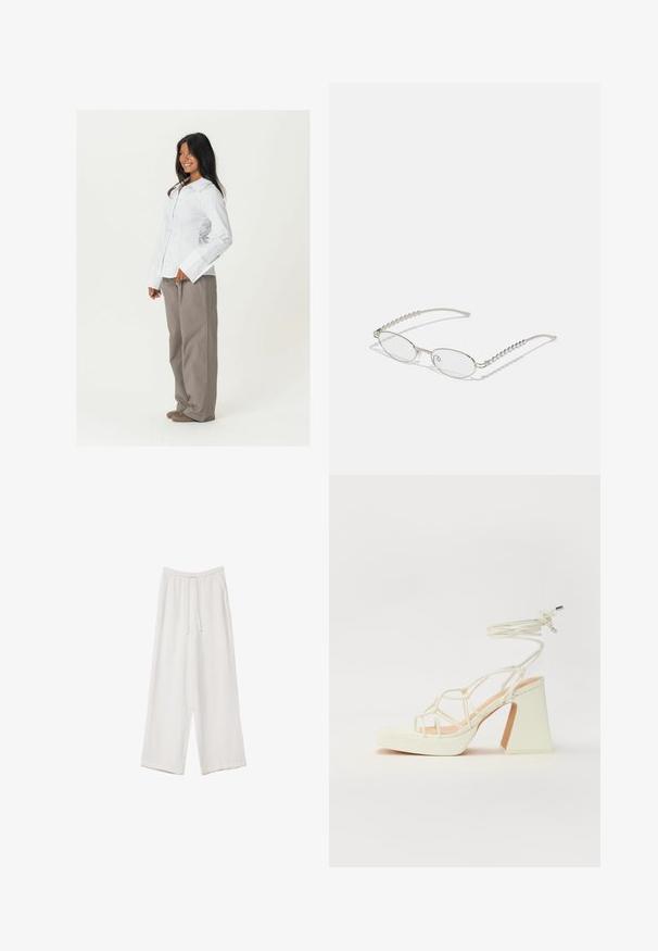 Vit skjorta med lång ärm och breda manschetter, matchad med lösa, ljusbruna byxor. Slät tygliknande yta, inga synliga mönster.; Vita vida byxor i vid passform gjorda av ett lättviktsmaterial. Har en elastisk midja med dragsko och sidofickor. Slät textur.; Vit högklackad sandal med en kraftig klack, med ett remdesign och ankelband. Slät textur med en plattform framtill för ökad höjd.; Ovala glasögon med en metallisk silverram, klara linser och texturerade pärlaccenter på templets sidor. Lättviktsdesign med böjda skaft.
