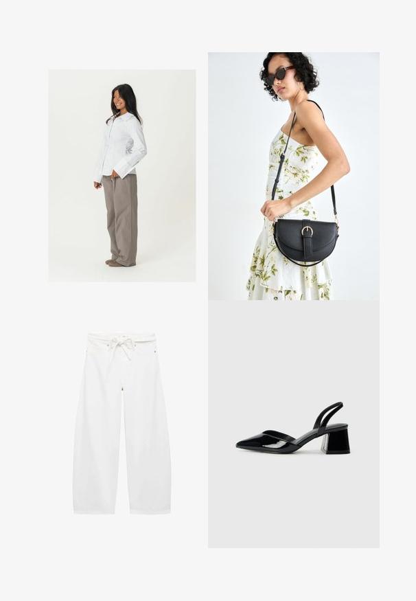 Bílá košile s knoflíky a dlouhými rukávy, s širokými manžetami, spárovaná s volnými, světle hnědými kalhotami. Hladký povrch tkaniny, bez viditelných vzorů.; Bílé široké kalhoty vyrobené z lehkého materiálu, s elastickým pasem na stažení, dvěma předními kapsami a jednoduchými kovovými doplňky.; Černé lakované kožené lodičky na pásku s špičatou špičkou a geometrickým blokovým podpatkem. Vyznačují se elegantním, minimalistickým designem a hladkým povrchem.; Černá kožená kabelka s křivkovým tvarem, odnímatelným popruhem a zlatými detaily. Kabelka má klopu s přezkou.