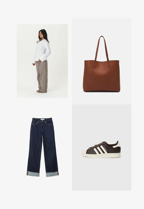 Biała koszula z długim rękawem i szerokimi mankietami, zestawiona z luźnymi, jasnobrązowymi spodniami. Gładka faktura tkaniny, brak widocznych wzorów.; Ciemnoniebieskie dżinsy o szerokich nogawkach i wysokim stanie, z podwiniętymi mankietami, kontrastowym przeszyciem i pięcioma kieszeniami. Wykonane z materiału dżinsowego.; Niskie trampki Adidas Superstar z ciemnobrązowej skóry z kremowym noskiem w kształcie skorupy, białymi paskami i napisem „Superstar” po boku.; Brązowa skórzana torba tote o gładkiej fakturze, z otwartym wierzchem i dwoma ramiączkami. Charakteryzuje się minimalnym przeszyciem i brakiem widocznych elementów metalowych.