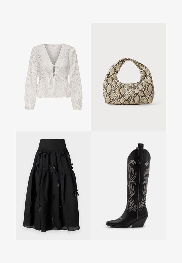 Hvid peplum top med lange ærmer, der har en V-hals, bindefront og hulmønster i stoffet. Tekstureret, let materiale.; Sister Jane BIRDIE BOW MIDI SKIRT - A-snit nederdel - black; Sorte læder cowboystøvler med spidse tæer, kilehæle og sølv broderede blomster mønstre langs skaftet. Kontrast syning overalt.; Slangeprint håndtaske med et buet håndtag. Lavet af strukturerede, beige og brune materialer, med et karakteristisk diamantmønster.