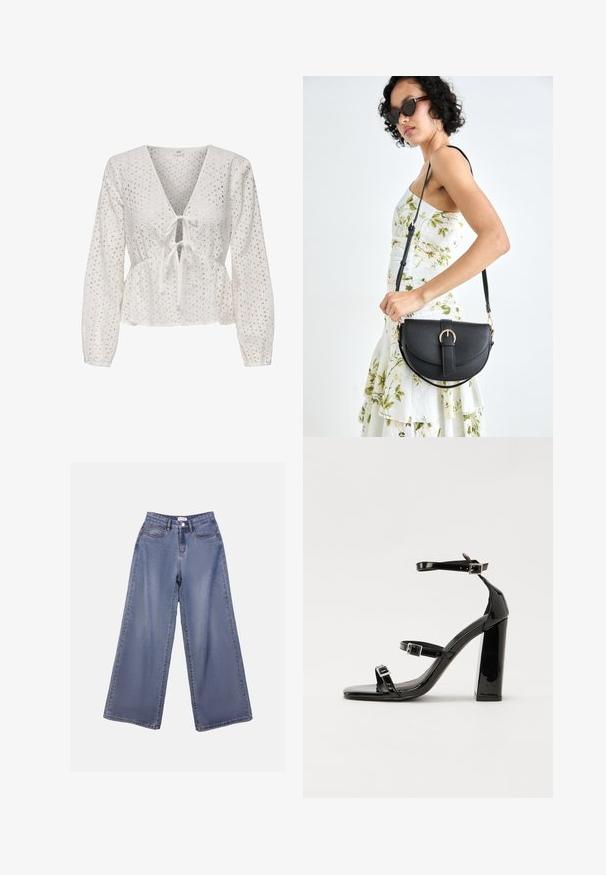 Top peplum bianco con maniche lunghe, caratterizzato da scollatura a V, fiocco frontale e tessuto ad occhiello con motivi ritagliati. Materiale testurizzato e leggero.; Jeans in denim a gamba ampia di un blu chiaro, caratterizzati da una vita alta, tasche frontali e una chiusura con bottone e passanti per cintura.; Sandali con tacco in vernice nera, con punta squadrata, cinturini alla caviglia e fibbie in argento. Presentano un tacco a blocco spesso per maggiore stabilità.; Borsa a tracolla nera in pelle con una forma curva, manico rimovibile e accessori dorati. La borsa presenta una patta con un dettaglio a fibbia.