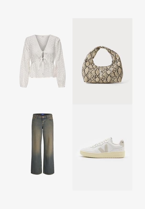White peplum top with long sleeves, featuring a V-neck, tie front, and eyelet fabric with cut-out patterns. Textured, lightweight material.; Wide-leg blue denim jeans with a light to dark gradient, five-pocket design, and a button-fly closure. Stitched detailing on edges.; White leather sneaker with beige suede accents, perforated toe box, flat laces, and a textured cream sole. Features subtle branding on heel.; Snake-print handbag with a curved handle. Made from textured, beige and brown materials, featuring a distinctive diamond pattern.
