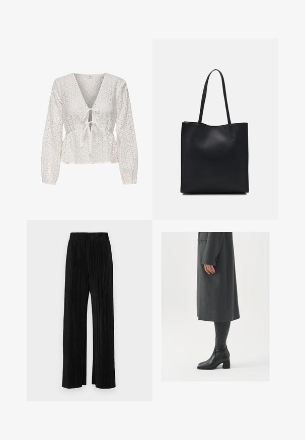 Bijela peplum bluzica s dugim rukavima, koja ima V-izrez, vezanje sprijeda te tkaninu s izrezbarenom očicom. Tekstura laganog materijala.; Crne plisirane hlače s elastičnim pojasom. Imaju široke nogavice i glatku, teksturiranu tkaninu s vertikalnim prugama.; Sivi, krojeni kaput ravnog kroja; uparen s crnim kožnim čizmama do koljena koje imaju četvrtasti vrh i debeli potplat.; Crna kožna torba za nošenje s glatkom teksturom, pravokutnim oblikom i dvije duge ručke. Nema vidljivih metalnih dijelova ili ukrasa.